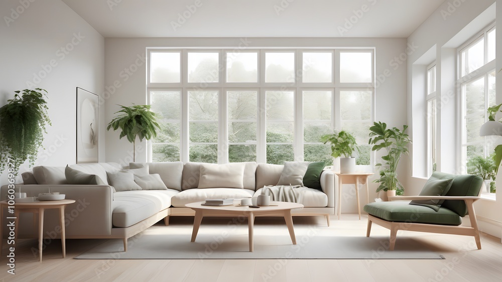 Fototapeta premium Modern Minimalist Living Space with Large Windows, Natural Light, and Earthy Decor Creating an Inviting Ambiance (95)