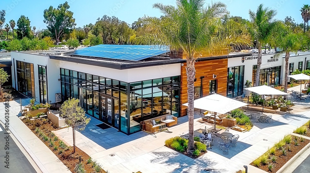 Fototapeta premium Modern Building with Patio and Solar Panels.