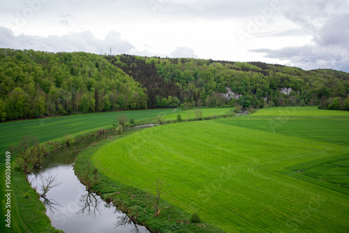 View of the Danube: Hike along the Kloster-Felsenweg in spring in the beautiful Danube Valley near Inzigkofen, Sigmaringen