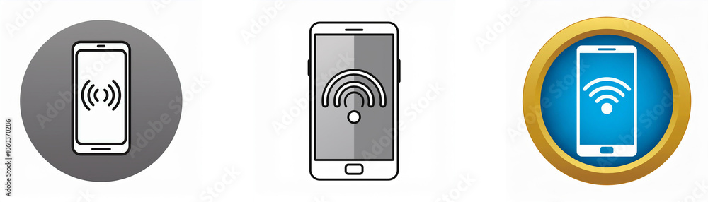 Three stylized images of a mobile phone with a wifi signal icon on the screen. Three stylized images of a mobile phone with a wifi signal icon on the screen.