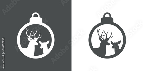 Tiempo de Navidad. Logo con silueta de bola de navidad con pareja de ciervo o reno macho y hembra para tarjetas y felicitaciones