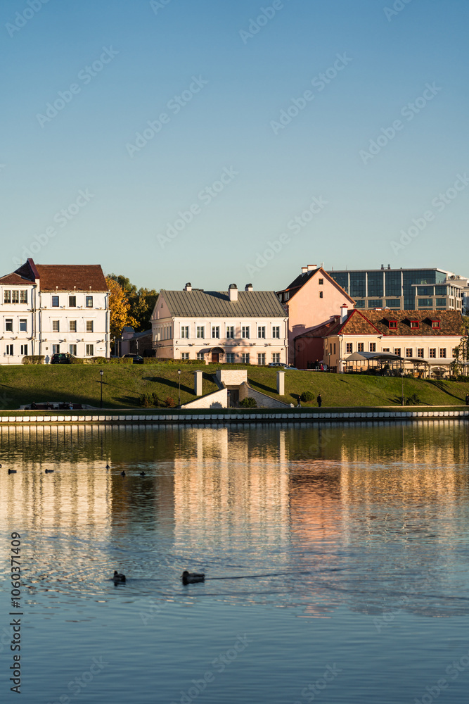 Obraz premium The Svisloch River in Minsk. The Trinity suburb is far away. Nemiga