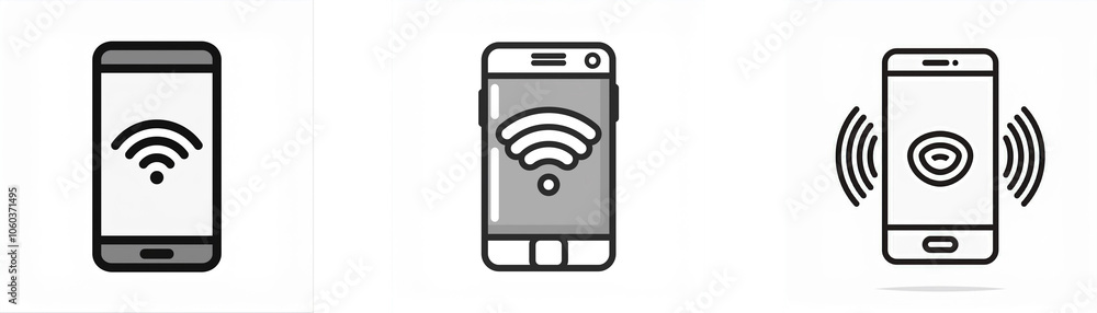 Three smartphones with icons in their screens. Three smartphones with icons in their screens.