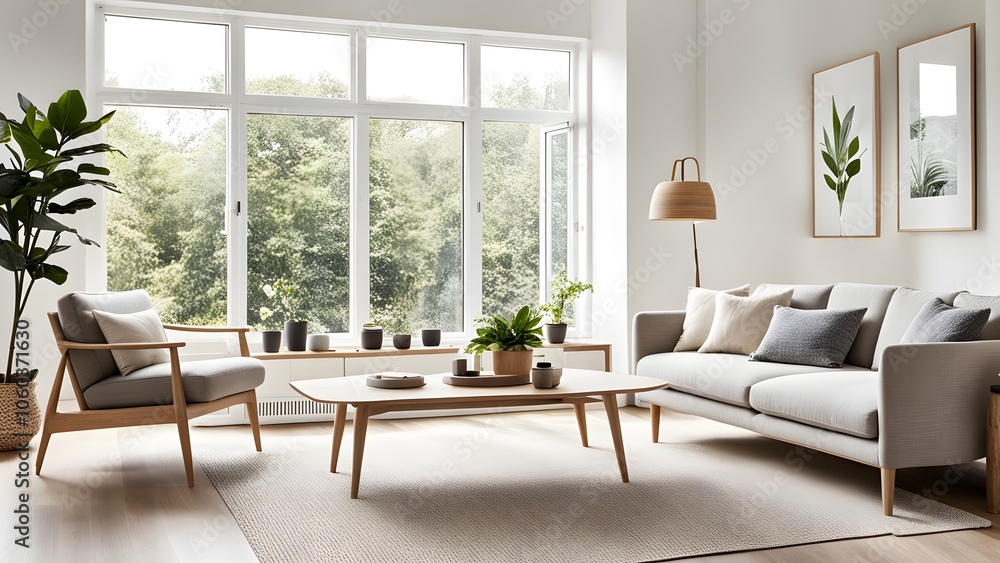 Fototapeta premium Beautifully Designed Living Room Combining Warm Tones, Wooden Furniture, and Indoor Plants for a Serene Retreat (10)