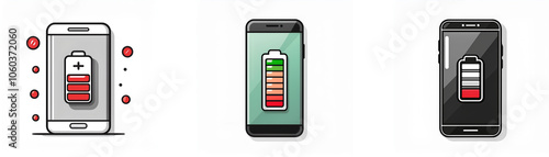 Three smartphone illustrations with different battery levels.