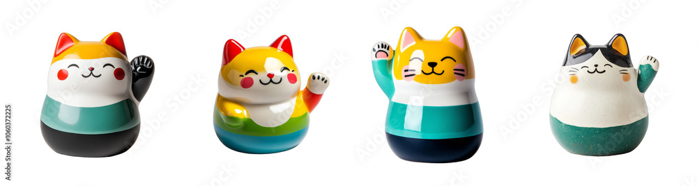 Fototapeta premium A collection of colorful ceramic Maneki-neko figurines isolated on a transparent background, symbolizing good luck and prosperity