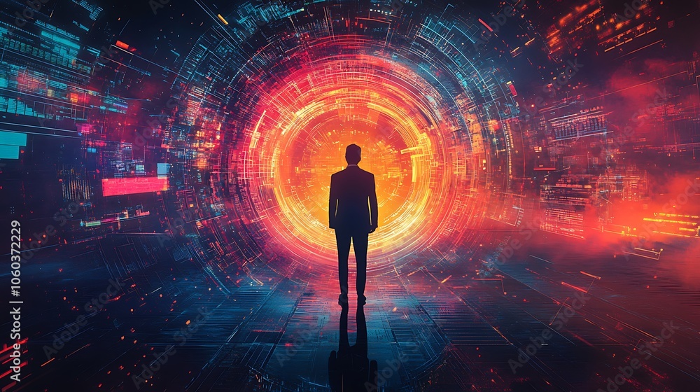 A business professional explores a futuristic portal of technology and innovation in a vivid digital landscape A business professional explores a futuristic portal of technology and innovation in a vivid digital landscape