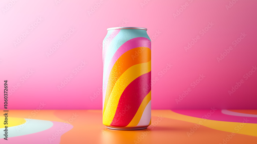Fototapeta premium Bright Wavy Patterned Soda Can on Pink Background