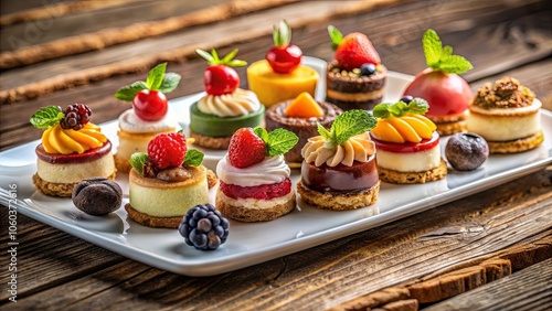 A Collection of Mini Desserts Adorned with Fresh Fruit and Whipped Cream, Presented on a White Plate, Resting on a Wooden Surface