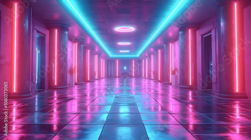 Neon Lights Hallway - 3D Illustration