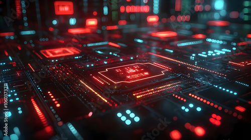 3D Circuit Board with Red and Blue Lights - Digital Background