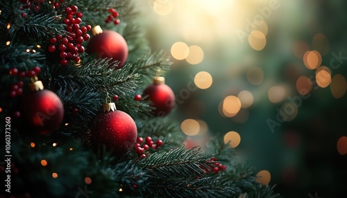 Christmas tree decorated with red and green ornaments, blurred garland, festive mood, soft green background