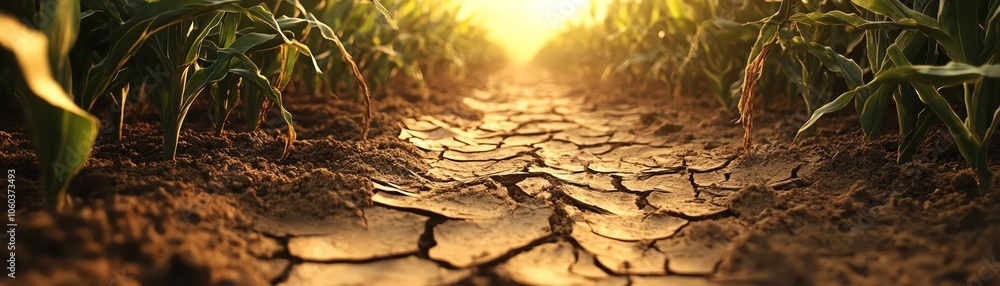 Corn lying on dry, cracked soil in the midst of a long field under the sun Corn lying on dry, cracked soil in the midst of a long field under the sun