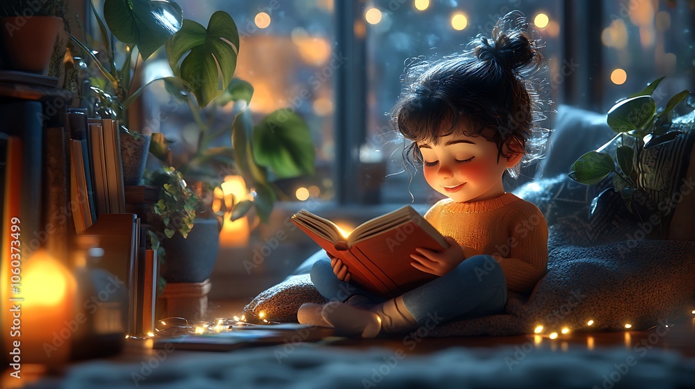 A young girl enjoys reading a book in a cozy lit room surrounded by plants and warm lights A young girl enjoys reading a book in a cozy lit room surrounded by plants and warm lights