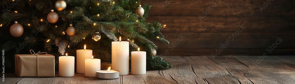 Christmas tree with glowing candles, rustic holiday style, warm and inviting Christmas tree with glowing candles, rustic holiday style, warm and inviting