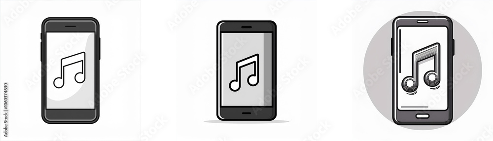 Three depictions of a smartphone with a music note icon on the screen.