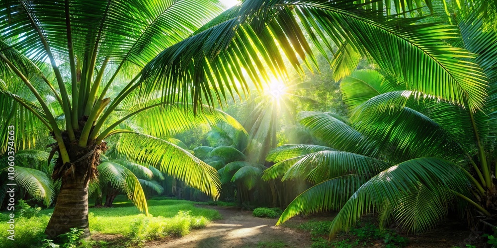 A Pathway Through Sun-Dappled Palm Trees, Leading into a Lush and Verdant Canopy, Where Sunlight Filters Through the Dense Foliage, Casting a Golden Glow on the Tropical Landscape