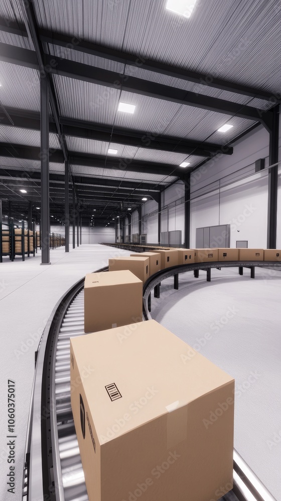 Fototapeta premium Cardboard boxes on a conveyor belt stream through a modern warehouse for efficient mail delivery and online shopping fulfillment