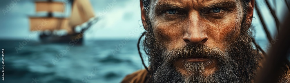 Rugged pirate with long beard, standing in front of ship, sea in background Rugged pirate with long beard, standing in front of ship, sea in background