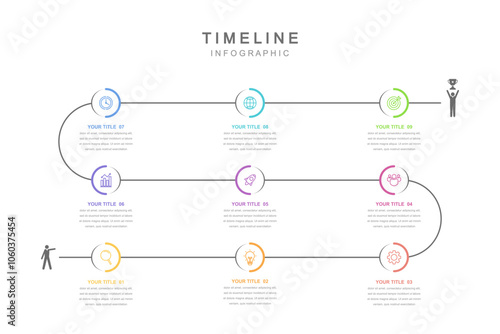 Business road map timeline infographic concept. with icons and 9 options, workflow layout, diagram, report, web design. Creative, vector, illustration.