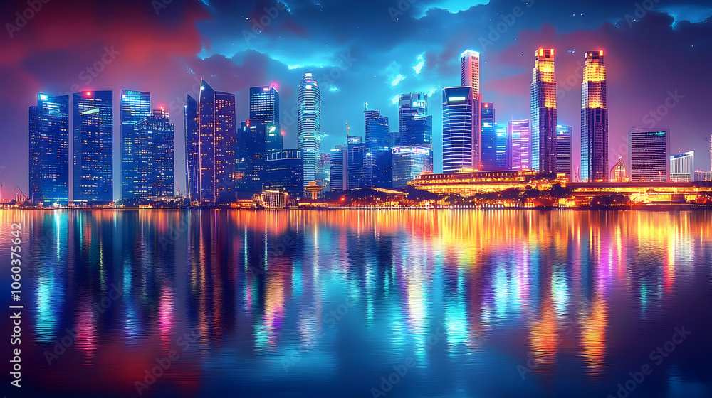 Fototapeta premium Cityscape Illustration with Colorful Lights and Reflections