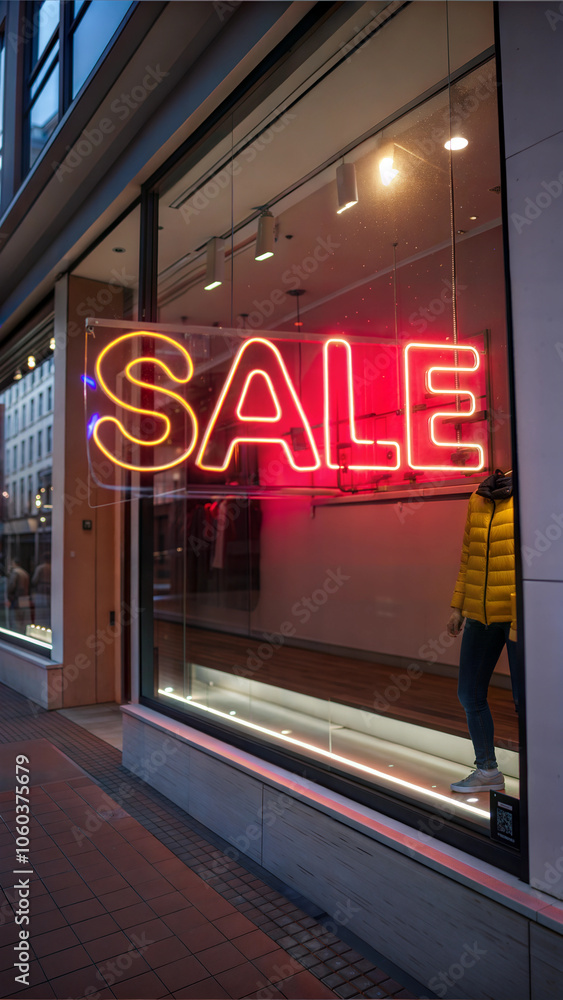 Naklejka premium Shops display with neon SALE sign and a mannequin in a yellow jacket