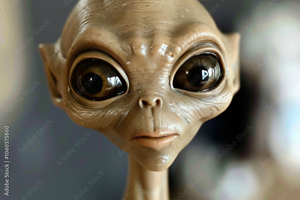 Alien figurine with large eyes displayed indoors in a creative art space during daylight hours Alien figurine with large eyes displayed indoors in a creative art space during daylight hours