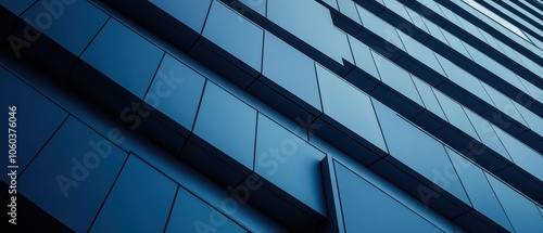 A striking blue facade of a modern building  showcasing a sleek design and geometric patterns against the sky.