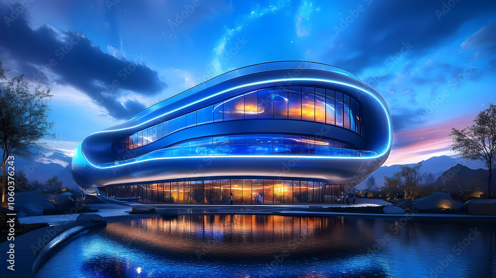 Fototapeta premium Futuristic Building with Blue Lights 3D Illustration