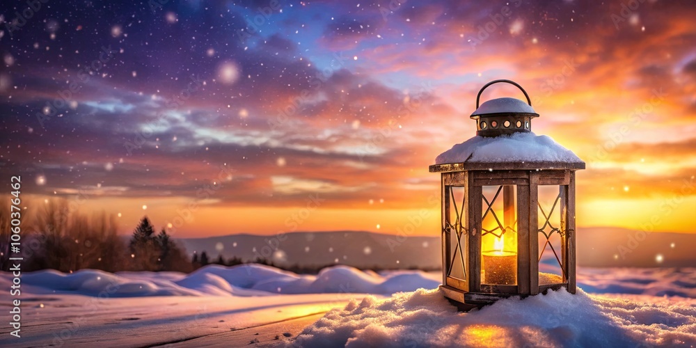 A solitary lantern casts a warm glow against the backdrop of a snow-covered landscape, illuminated by the vibrant hues of a setting sun. A solitary lantern casts a warm glow against the backdrop of a snow-covered landscape, illuminated by the vibrant hues of a setting sun.