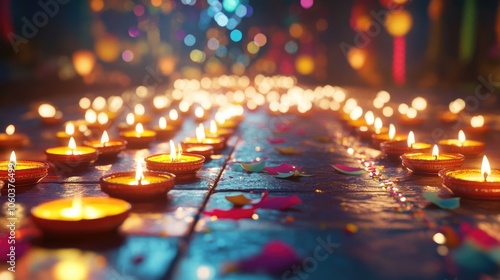 A vibrant display of colorful diyas lighting up a pathway during Shivratri celebrations. photo