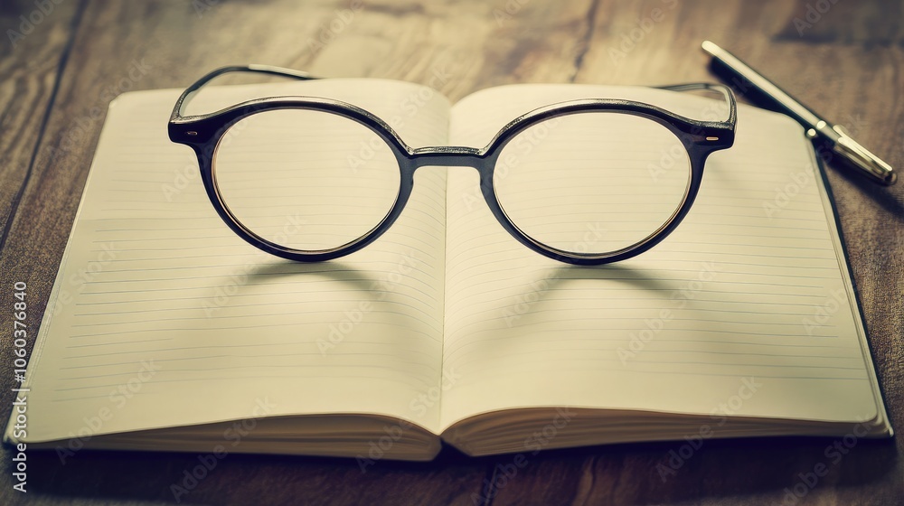 Classic Glasses on Open Notebook with Pen Classic Glasses on Open Notebook with Pen