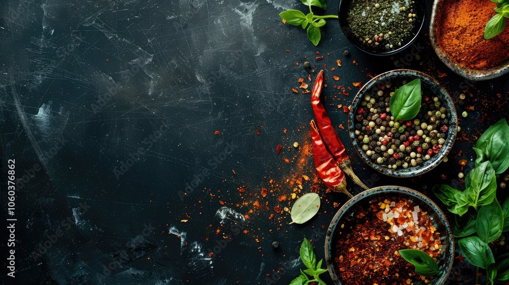 Tasty Dish Secrets: Spice and Seasoning on Black Background Tasty Dish Secrets: Spice and Seasoning on Black Background