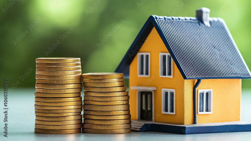 stack of coins next to miniature house represents financial growth and investment stack of coins next to miniature house represents financial growth and investment