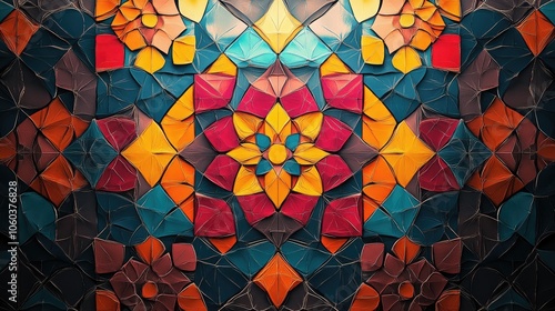 A vibrant geometric tile design featuring bold colors and intricate symmetry, creating a striking visual.