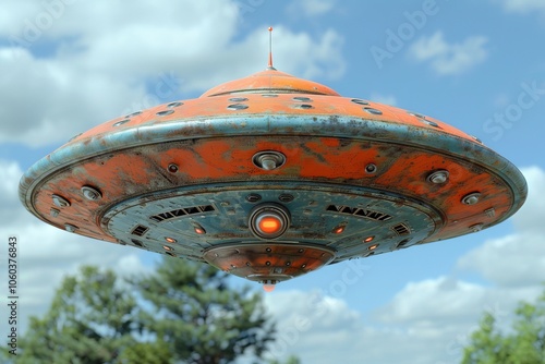 A colorful flying saucer hovering above a lush green landscape beneath a bright blue sky during daylight hours photo