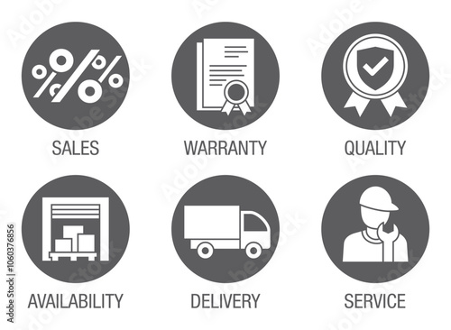 Icons set - Availability, Delivery, Service, Sales, Warranty, Quality, in monochrome style