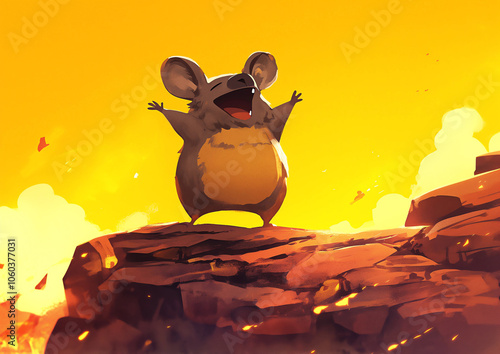 Happy mouse screaming on the rock. Animal art.