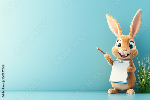 Cartoon rabbit holding pointer near white board, light background, 3D illustration photo