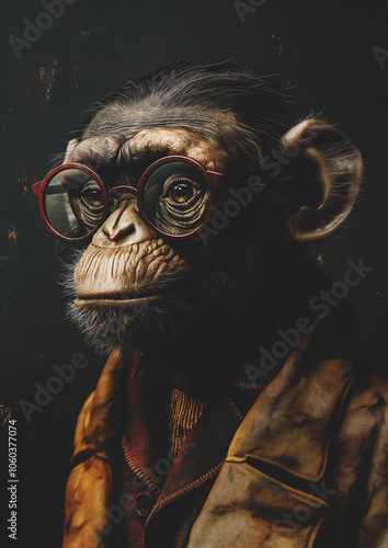 Monkey in an old suit and glasses. Animal art.