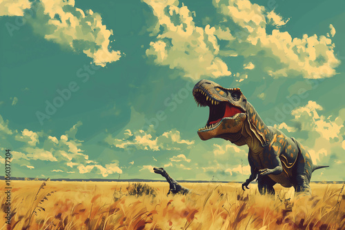 Two dinosaurs in the field. Tyrannosaurus. Animal art.