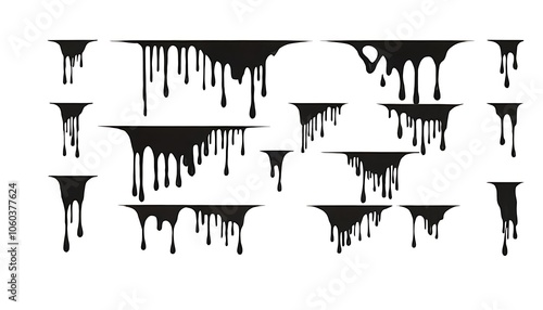 Set of black dripping bloods isolated on white background.backgrounds, drop, flowing, horizontal, ink, liquid, paint, splashing, stained, leaking, melting, splattered, 94
