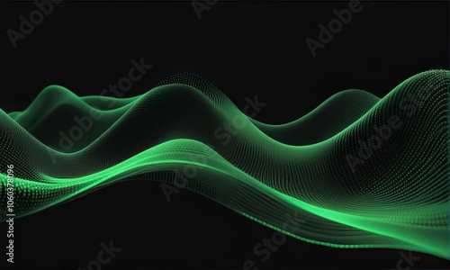 Abstract 3d green flow wave on dark background. Future mesh or sound grid. Digital data structure. Futuristic technology concept.