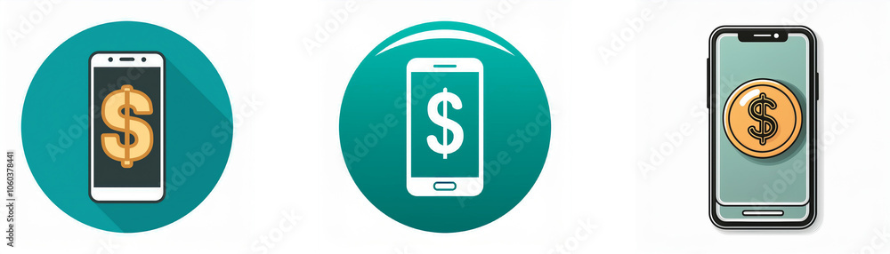 Three different icons with a smartphone and a dollar sign, each with a different design. Three different icons with a smartphone and a dollar sign, each with a different design.