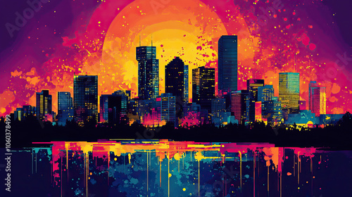 Edmonton, Canada, Pop Art style theme print. Cityscape, city skyline.Vibrant, bright, modern, trendy, graphic designed for poster, card, wallpaper