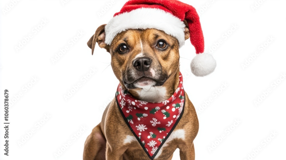 Adorable dog in a Santa hat and Christmas-themed bandana sitting on white background Adorable dog in a Santa hat and Christmas-themed bandana sitting on white background