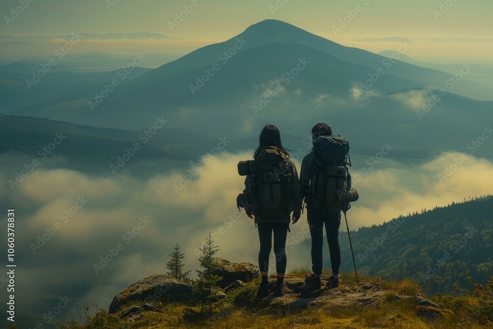 Fototapeta premium Hikers admire scenic mountain views at dawn in a misty landscape with rolling hills and lush greenery