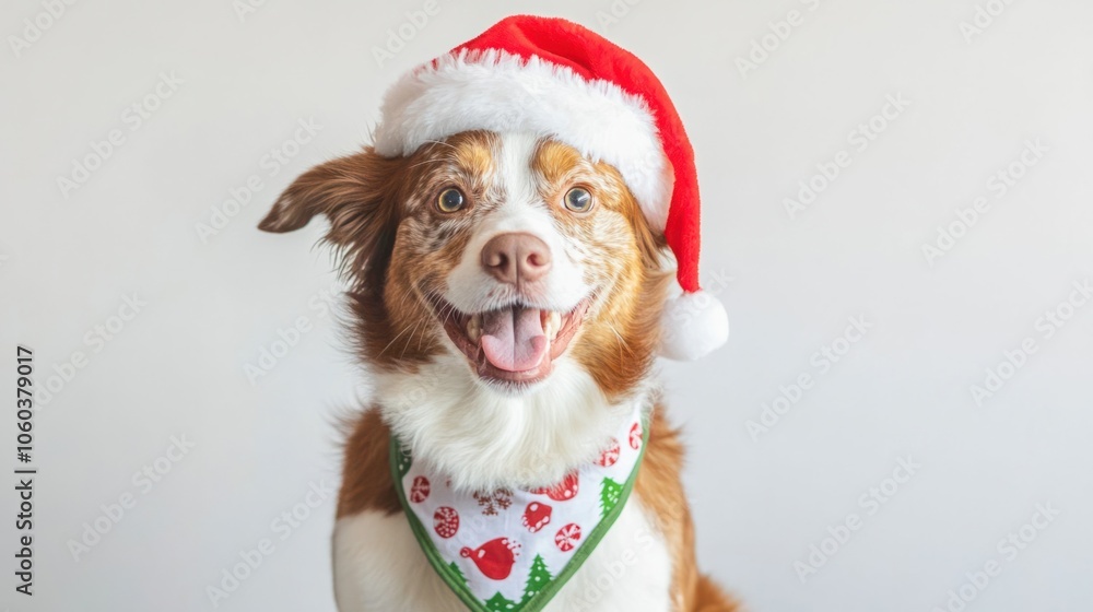 Adorable dog in a Santa hat and Christmas-themed bandana sitting on white background Adorable dog in a Santa hat and Christmas-themed bandana sitting on white background