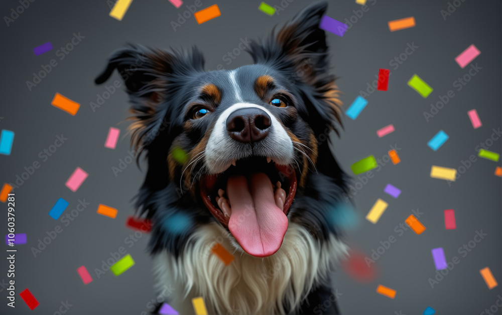 Portrait of a mischievous dog with a bright smile among confetti on a gray background. Portrait of a mischievous dog with a bright smile among confetti on a gray background.