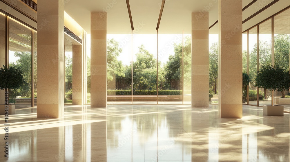 Fototapeta premium spacious interior with striking columns framing the area, enhanced by large, clear windows that create an open and bright environment.